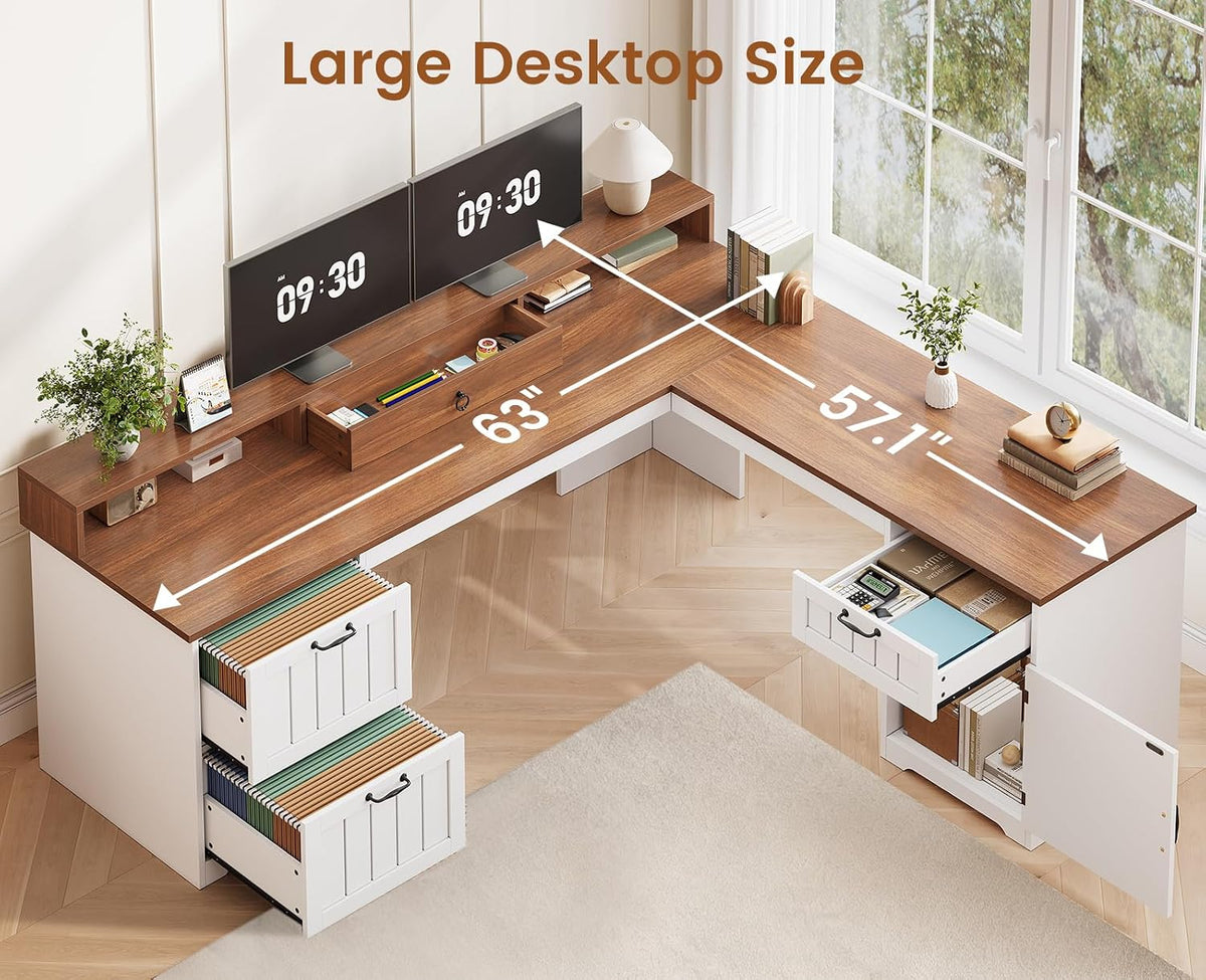 SEDETA Farmhouse 63" L Shaped Desk with Drawers and Storage Cabinet
