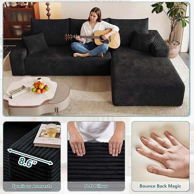 95" Modular Sectional Couch, L Shaped Cloud Sofa with Chaise Lounge, Corduroy Upholstered Couches Memory Foam Deep Seat, No Assembly Required, Ideal for Living Room(Black, Right Facing)