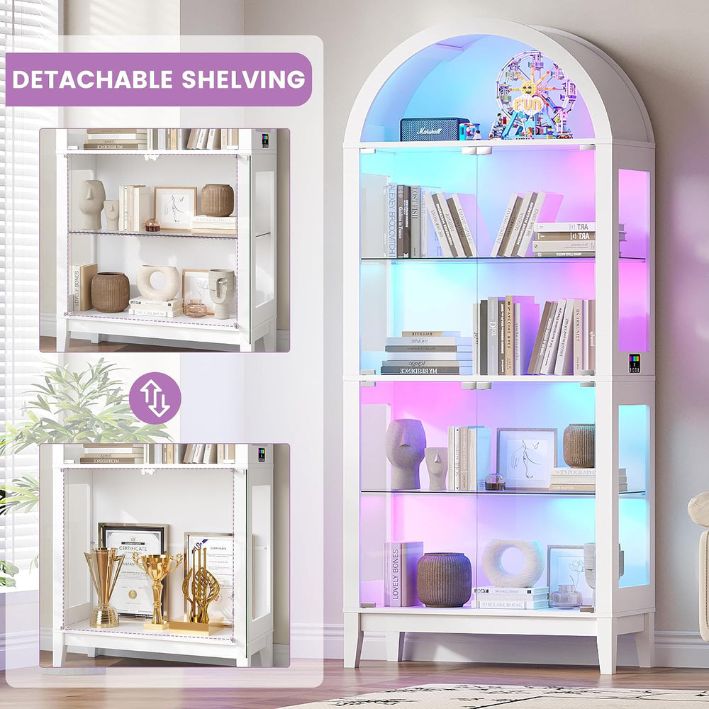 HNEBC Arched Glass Display Cabinet with RGB Dimmable LED Lights, White