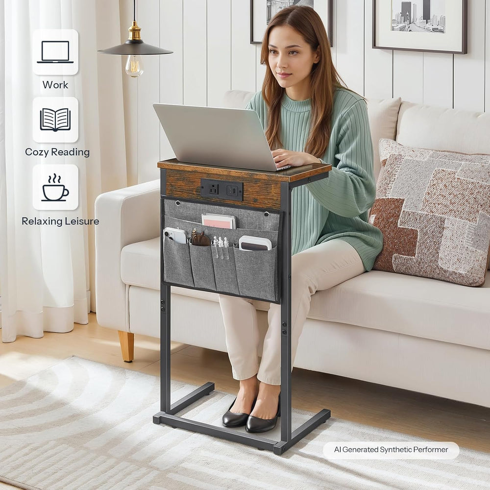 HOOBRO C Shaped End Table with Charging Station, Slide Under Couch Table