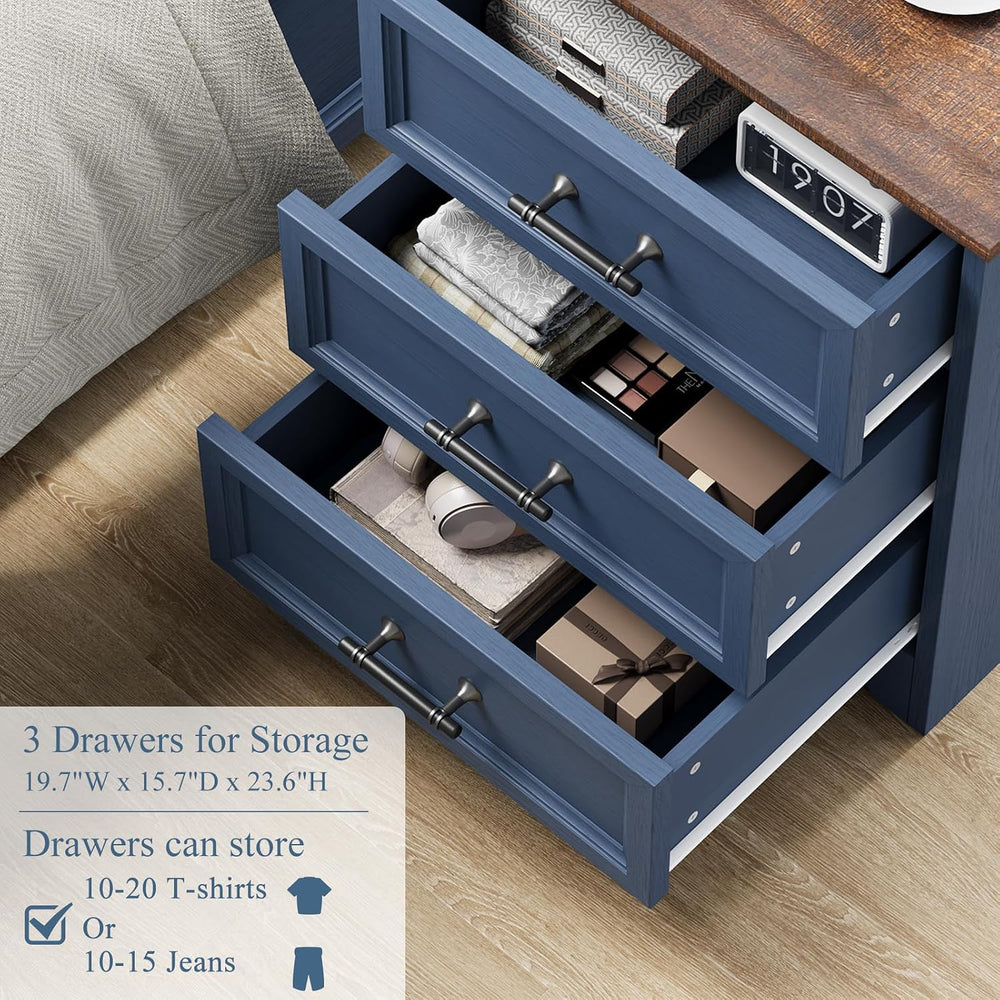 Farmhouse Nightstand with Charging Station, Blue Wood Bedside Table & End...