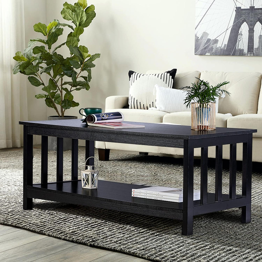 ChooChoo Mission Coffee Table, Black Wood Living Room Table with Shelf, 40 Black