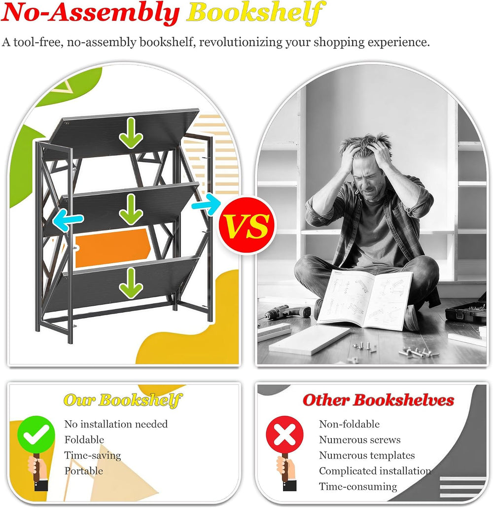 UDD No Assembly Wide Folding Bookshelf, 34" H x 30.9" W, 3 Tier Fol...