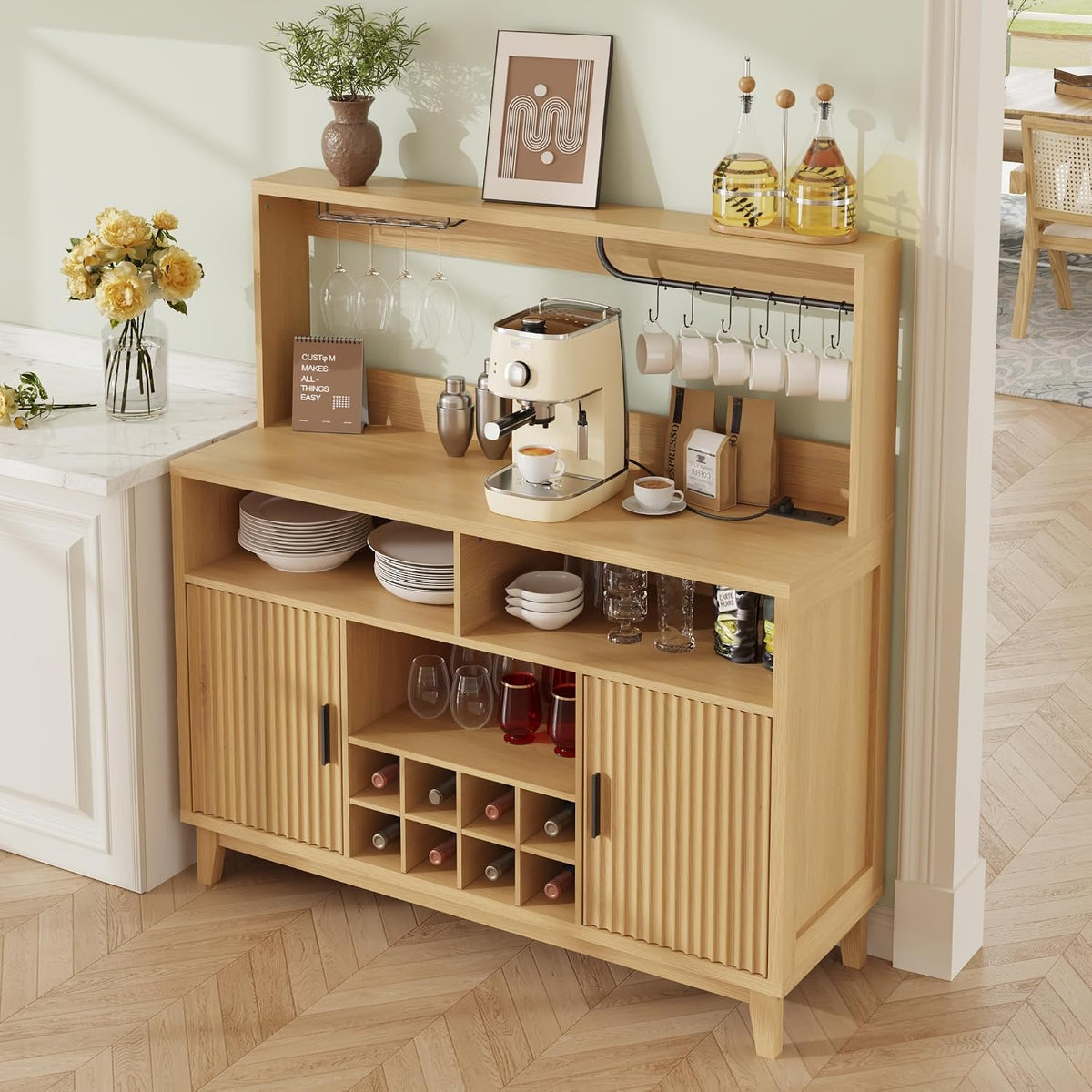 Fluted Coffee Bar Cabinet with Charging Station, 47.2" W Liquor Cabinet