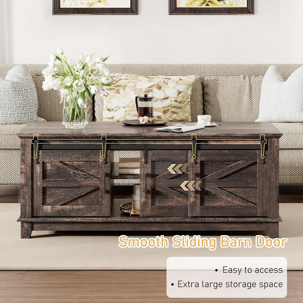 LUXOAK 48" Farmhouse Coffee Table with Sliding Barn Doors, Dark Rustic Oak