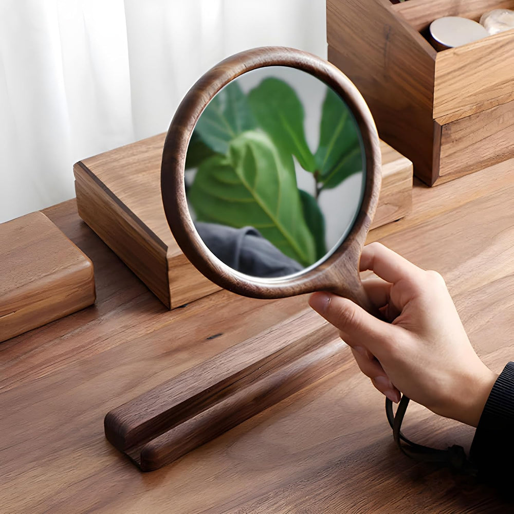 Solid Black Walnut Hand Mirrors, Wooden Handheld Mirrors with Stand, Makeup