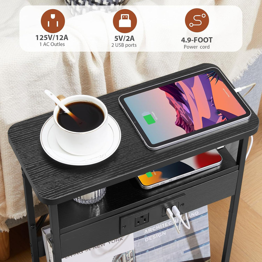 Narrow Side Table with Charging Station Small Spaces Narrow End Table