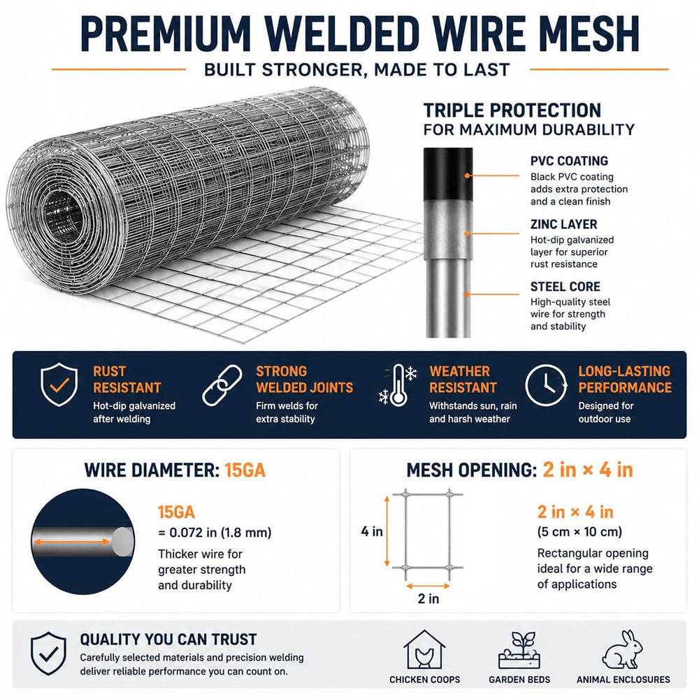 Welded Wire Mesh Fence 4ft x 50ft 2"x4" 15 Gauge Galvanized Wire Fe...