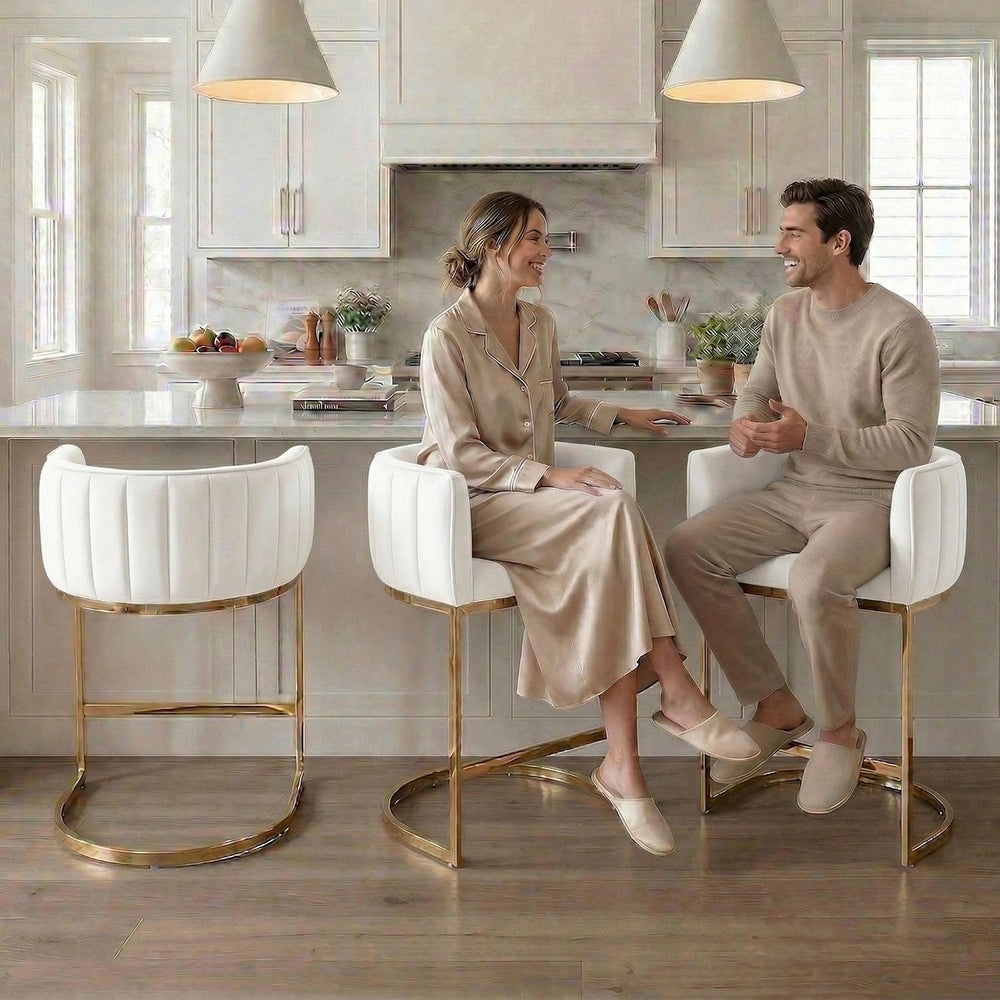 Hyfirm Set of 3 Beige Velvet Counter Height Bar Stools Gold Base