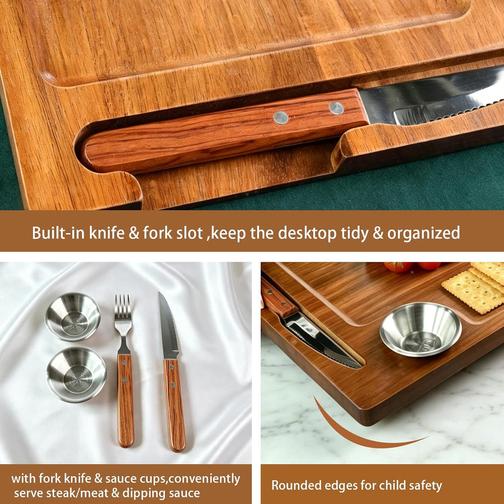 Acacia Wooden Steak Plate Board Set with Knife Fork & Sauce Cups 2 Set Pack