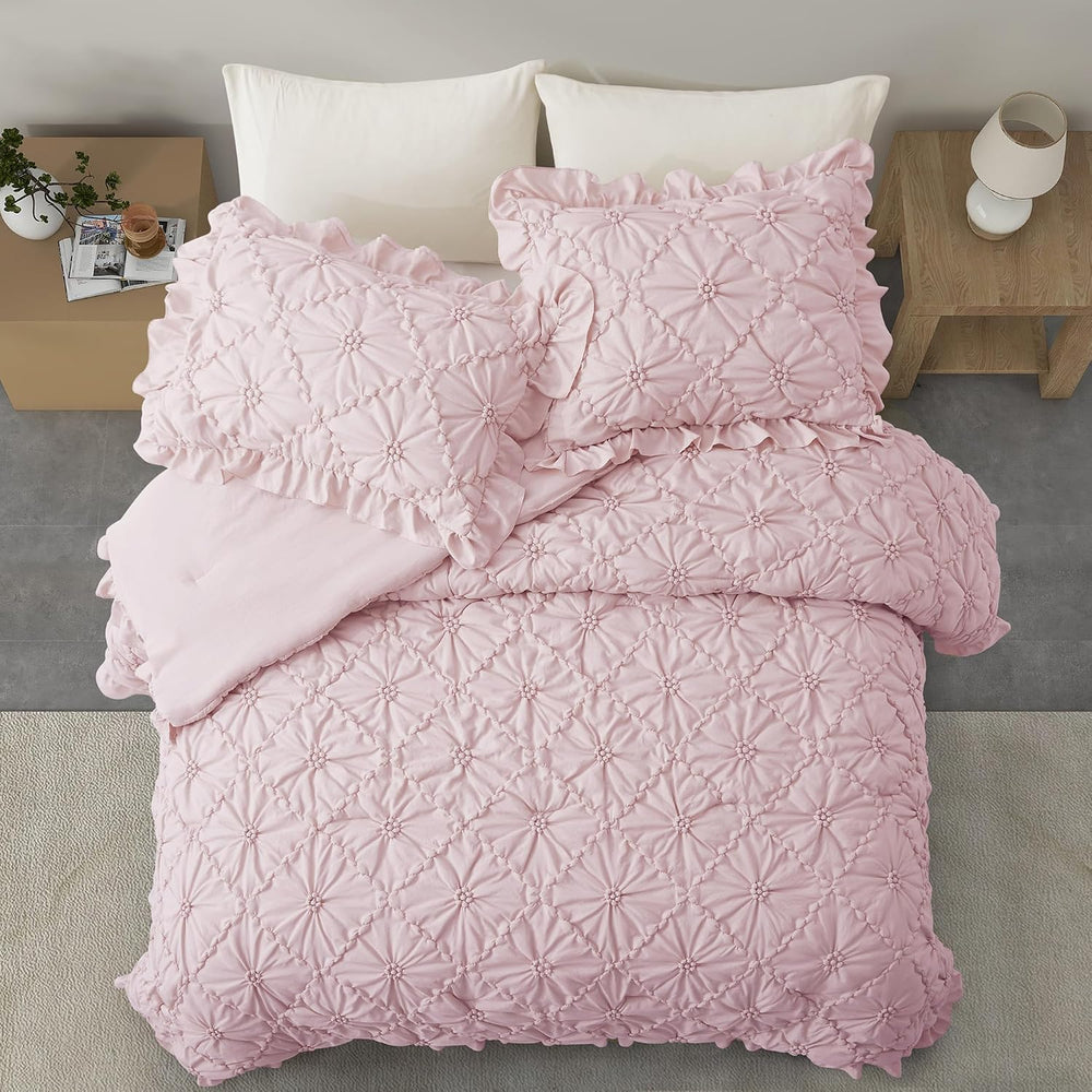 BEDAZZLED King Comforter Set, Pink Pinch Pleat Ruffle, 3 Pieces