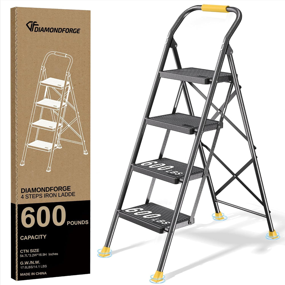 4 Step Ladder Foldable Folding Stool - for Home Adults Kitchen, Iron, Black &...