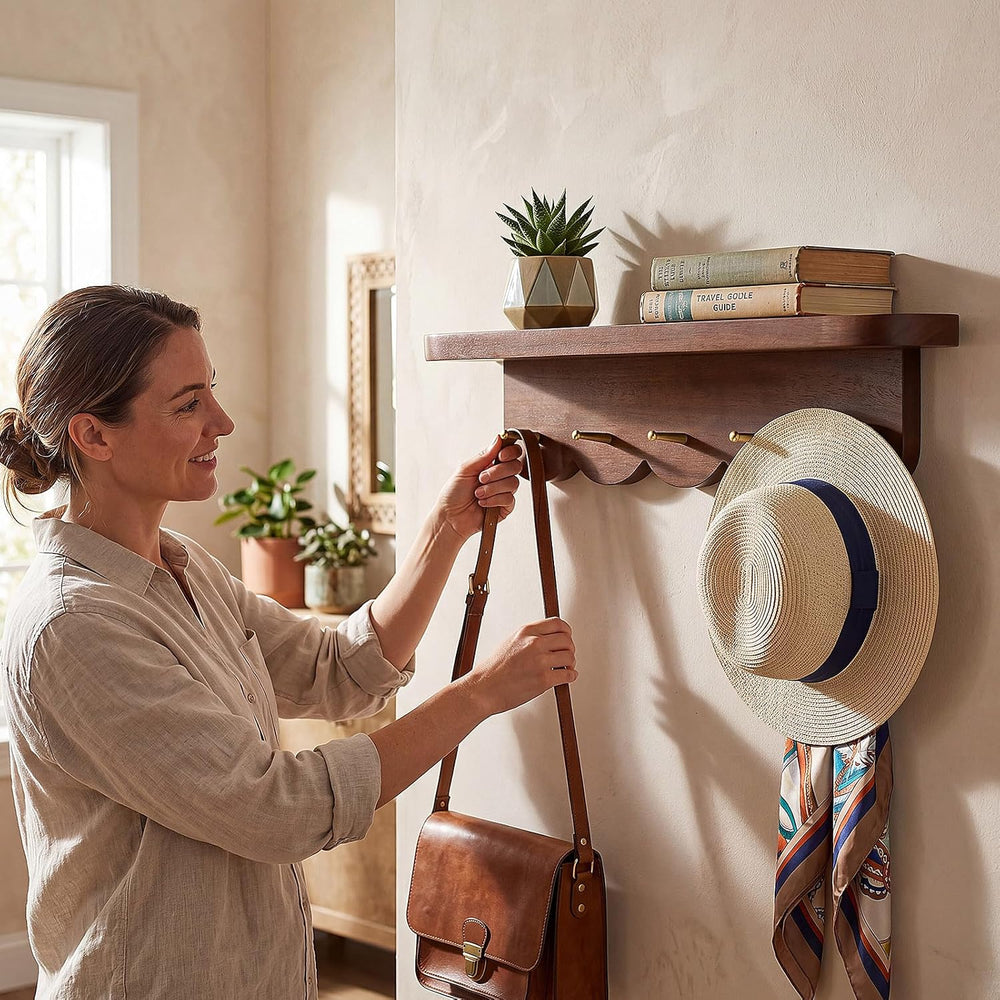 Lewtemi Wall Mount Coat Rack with Shelf 16.5" Scalloped Walnut with 5 Hooks