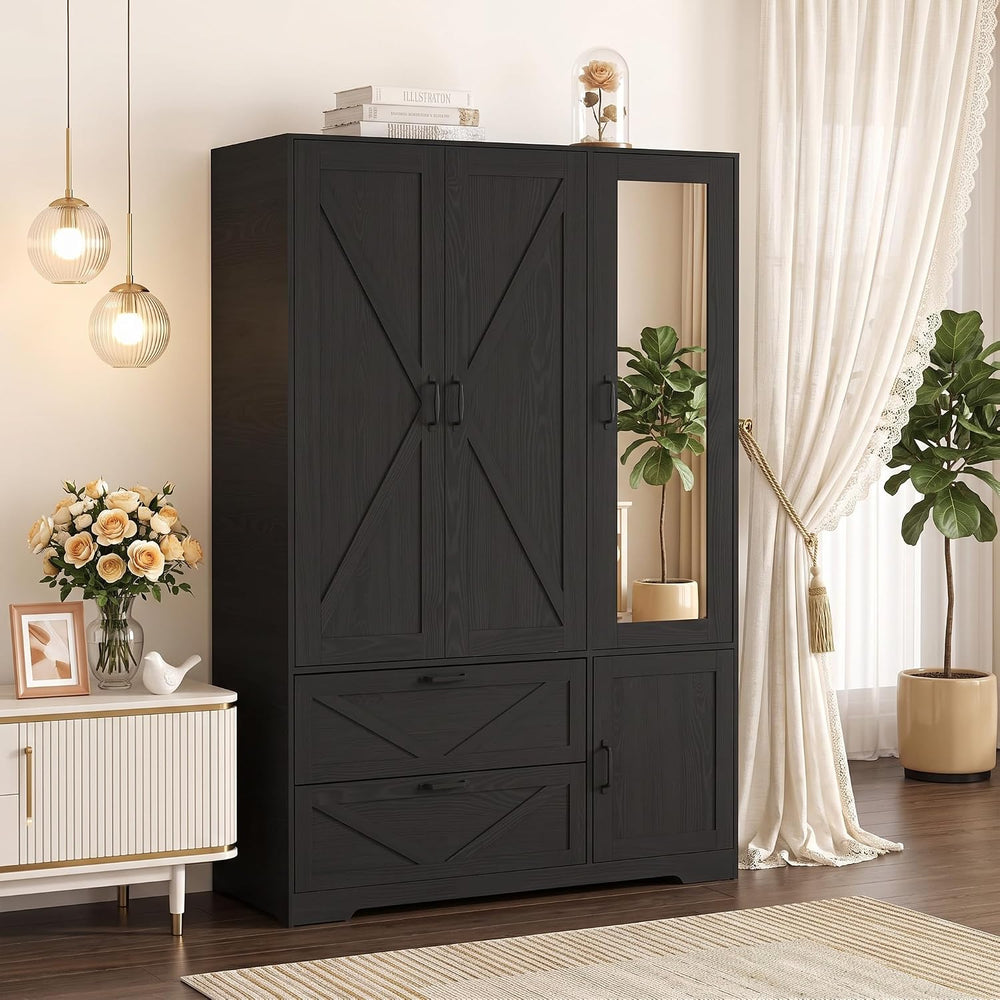 72" Armoire Wardrobe Closet with Mirror Door and LED Lights,3 Doors Farm...