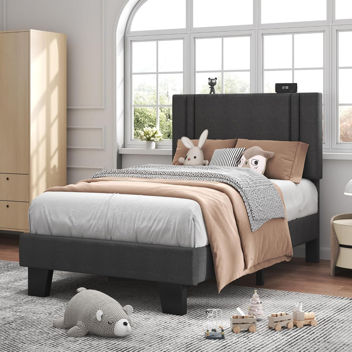Feonase Twin Platform Bed Frame, Fabric Upholstered Twin Bed Frame, Solid Wood Slats & Heavy Duty Feet Support, No Box Spring Needed, Noise-Free, Easy Assembly, Dark Grey