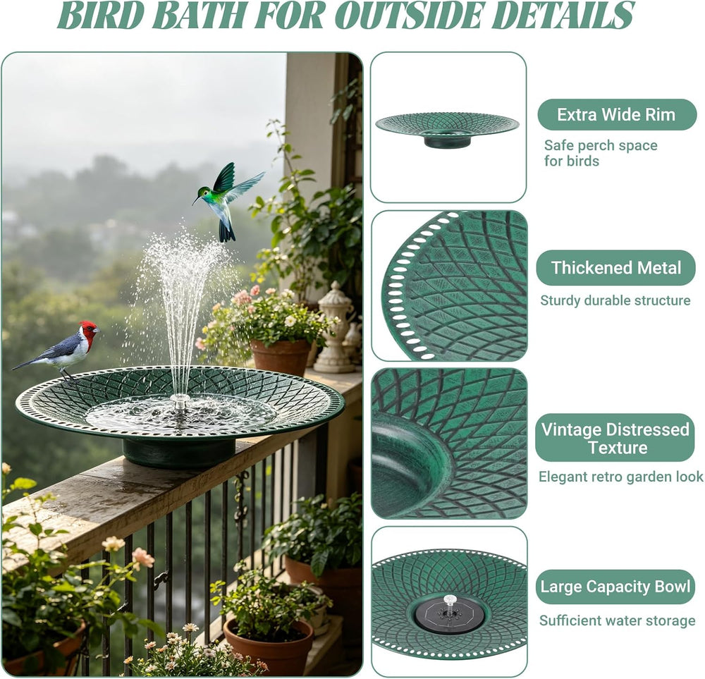 19.6" Metal Bird Bath with Solar Fountain, LED & Battery Large Birdbath
