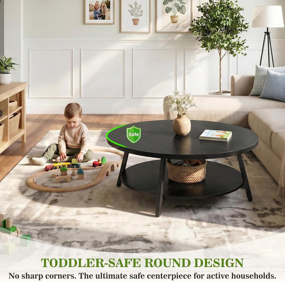 Armocity 35.4" Round Wood Coffee Table with 2-Tier Storage, 1" Thic...