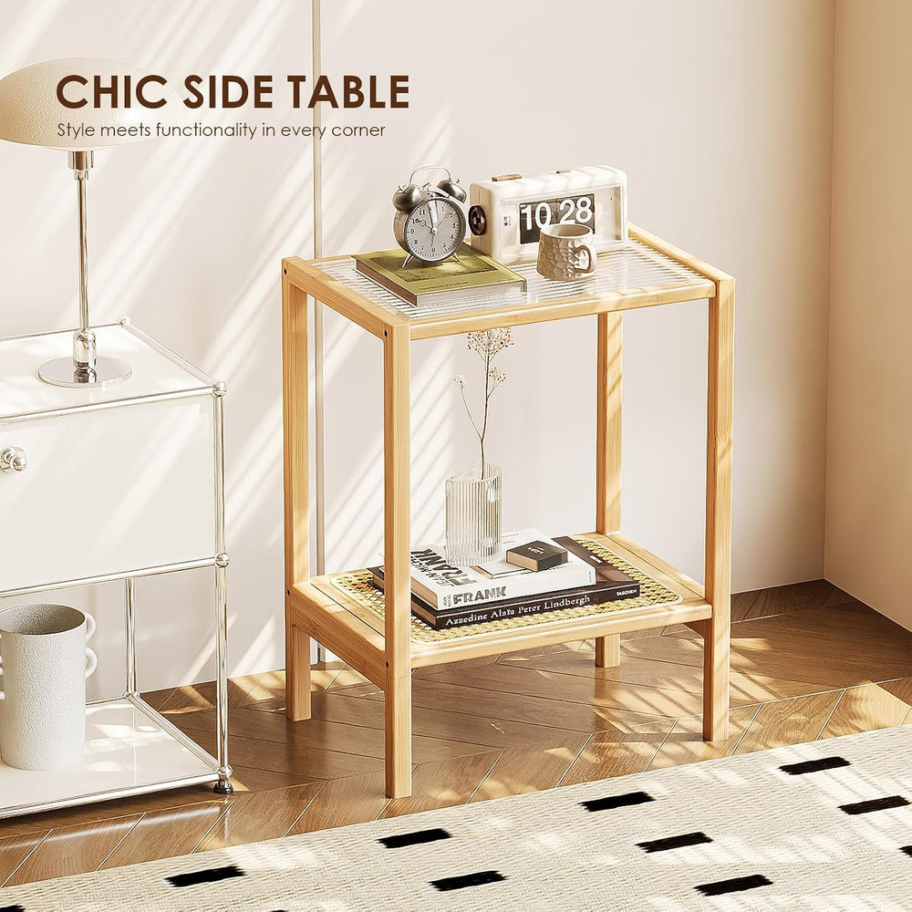 Bamworld Side Table Nature Rattan End Table 2-Tier with Storage Boho