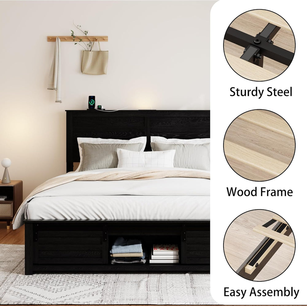 Wooden Queen Bed Frame with Headboard, Farmhouse Storage, Barn Door