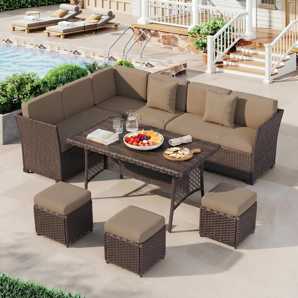 7 Pieces Patio Furniture Set, Patio Sectional with Dining Table & Ottoman