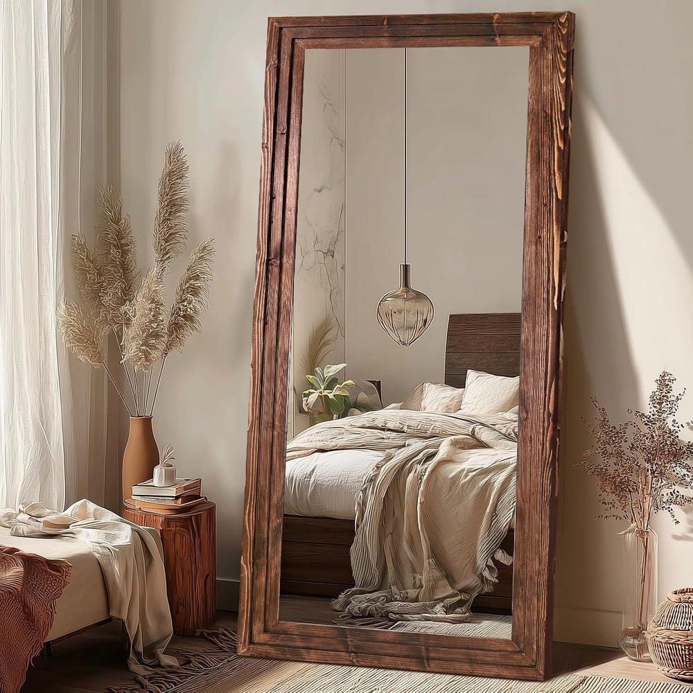 Full Length Mirror, 76 x 34 Inch Solid Wood Floor Mirror, Brown