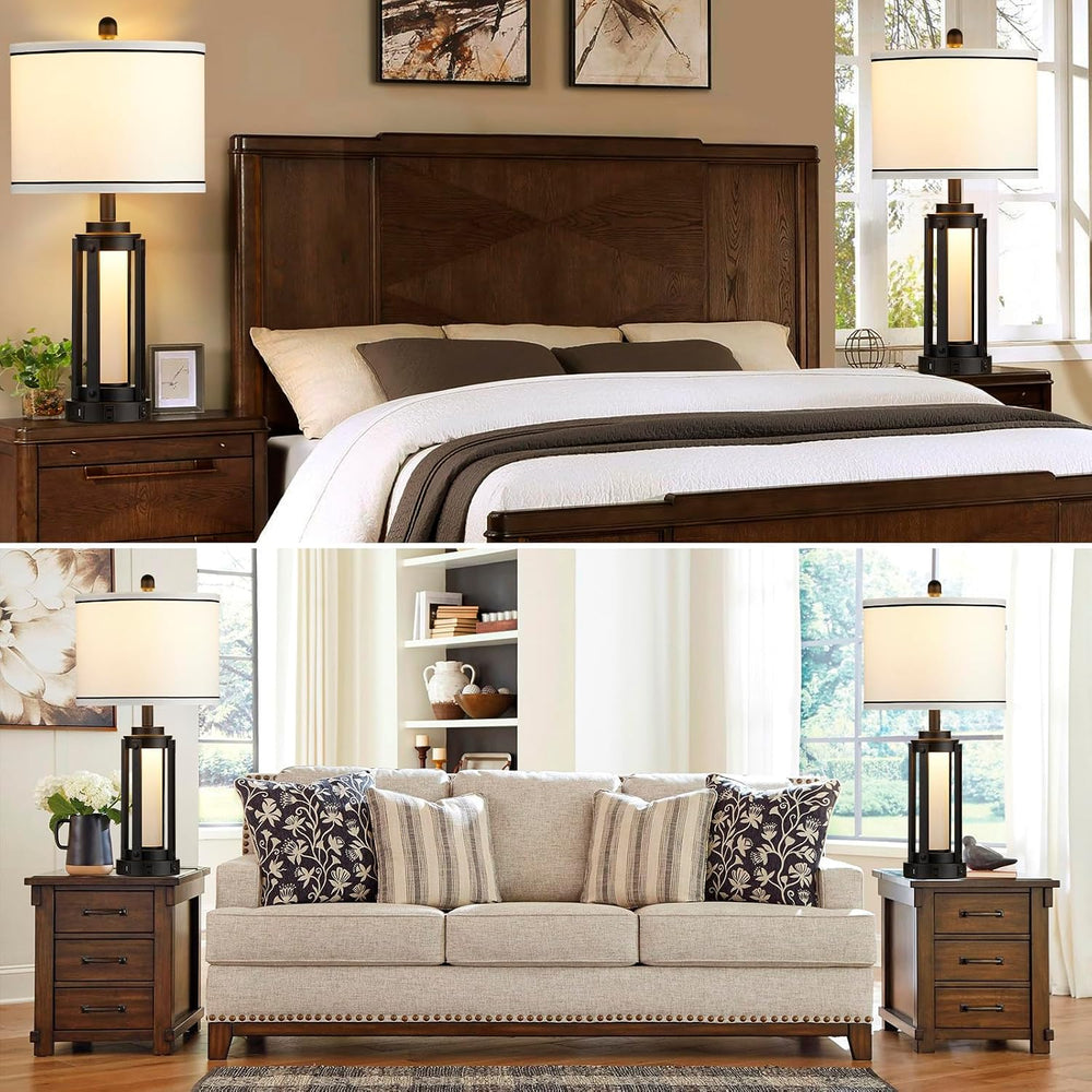 Industrial Table Lamps Set of 2, Farmhouse Beside Lamp with USB A+C Charging ...