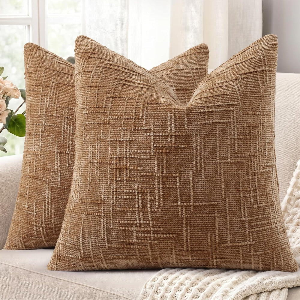 decorUhome Textured Chenille Throw Pillow Covers 24x24 Set of 2 Camel