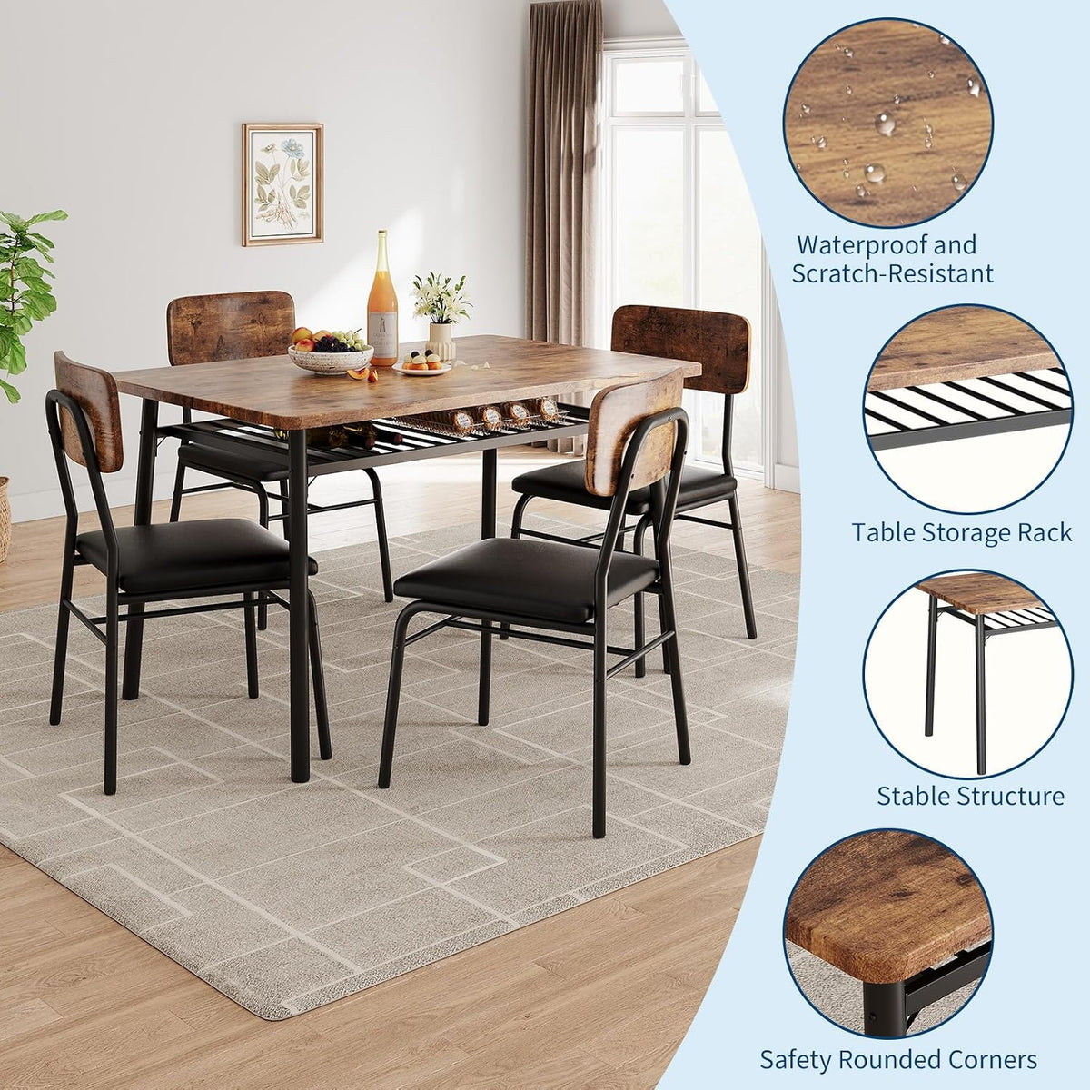 garveehome dining table set for 4 with storage showing dimensions