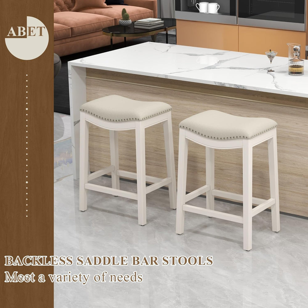 27" Backless Saddle Counter Stools Set of 2, Hand-brushed Wood Finish Legs