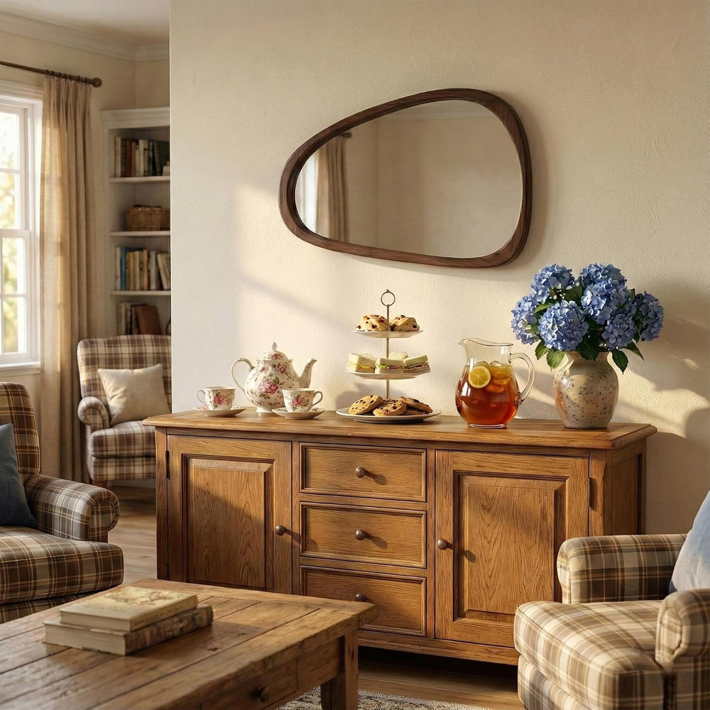 Solid Wood 36x24 Dark Walnut Irregular Bathroom Vanity Wall Mirror