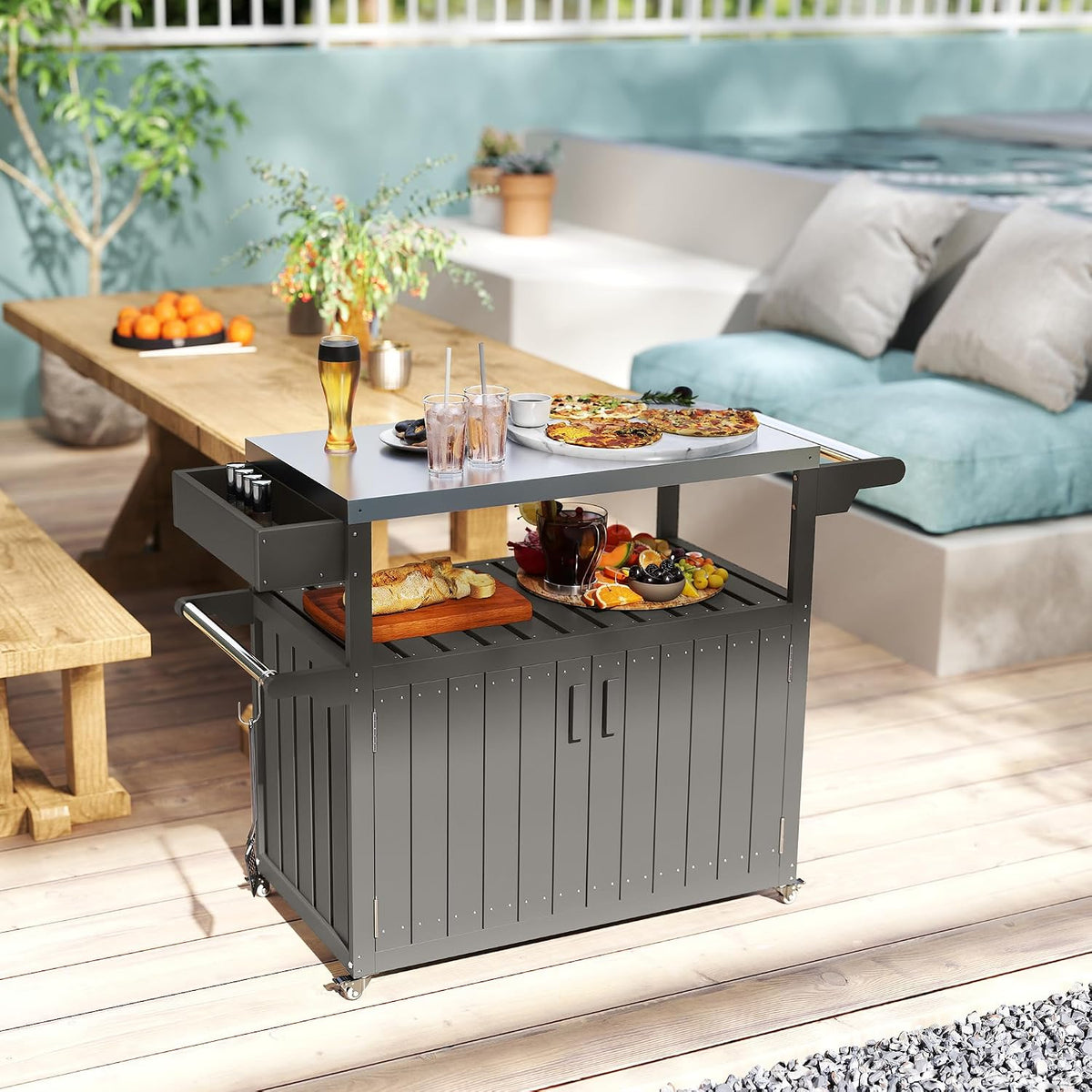 Outsunny Outdoor Bar Cart with Storage Cabinet Kitchen Island Dark Gray