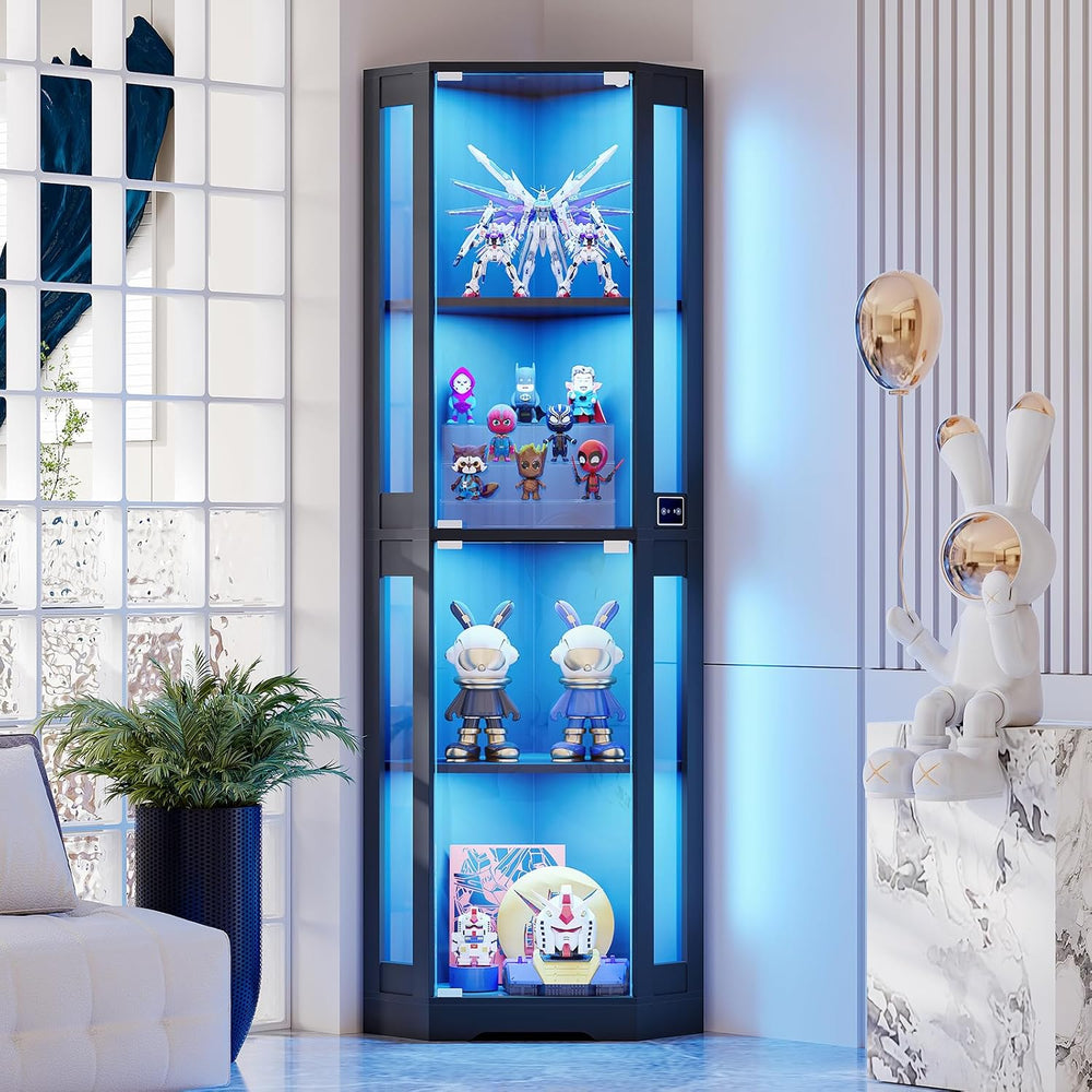 BROTTAR 65" Corner Display Cabinet with Glass Doors & LED Lights, Black