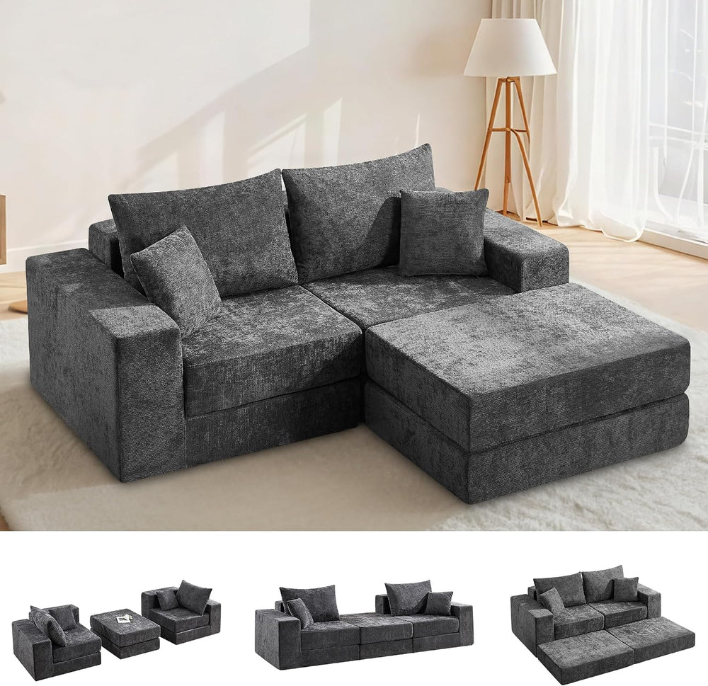 79" Boneless Couch with Ottoman, Compressed Sleeper Sofa Bed, Dark Grey