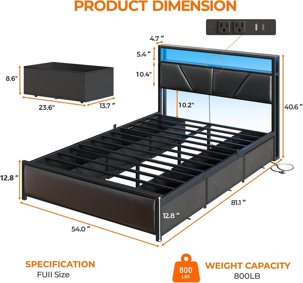 OURPIC Full Size Bed Frame with Storage Headboard, 6 Drawers, LED&Charging