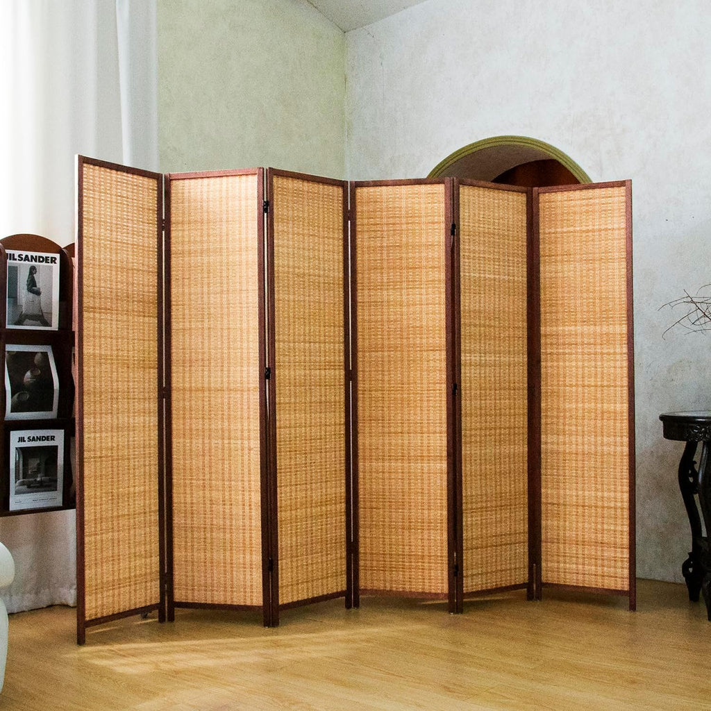 6 Panel Bamboo Room Divider Screen,5.6 FT Tall Bamboo Divider Folding Panel Screen,Freestanding Panel Divider for Room Seperation,Brown