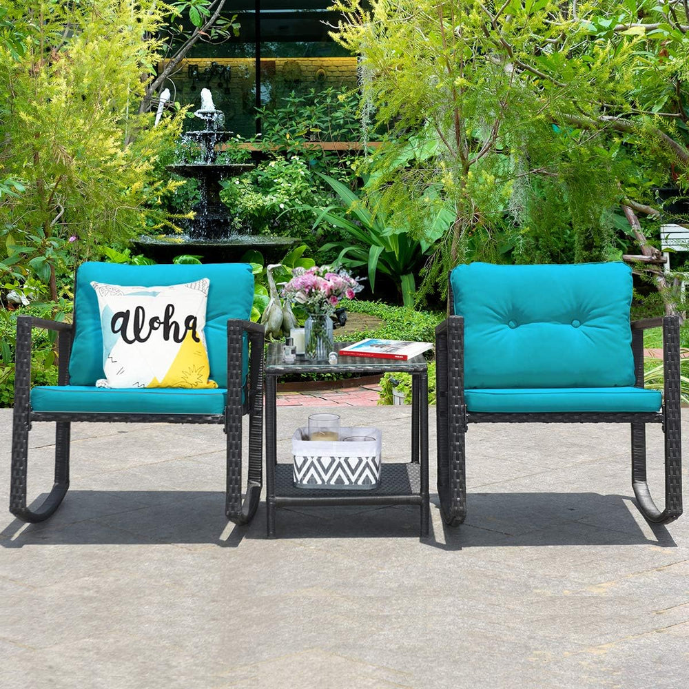 Tangkula 3-Piece Patio Rocking Bistro Set with Soft Cushions, Turquoise