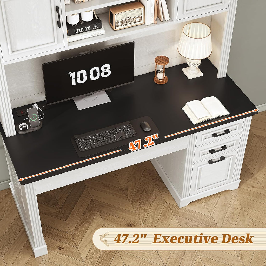 SEDETA Farmhouse Computer Desk with Hutch and 3 Drawers, 47.2" Executive Office Desk with Storage Drawers, Wood Desk with Power Outlet for Home Office, White