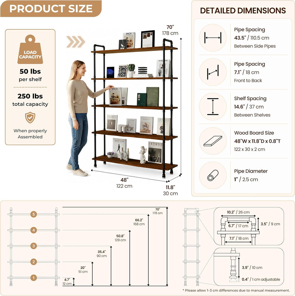 Industrial Bookshelf, Pipe Shelf Bookcase, 5 Tier, 48" Walnut