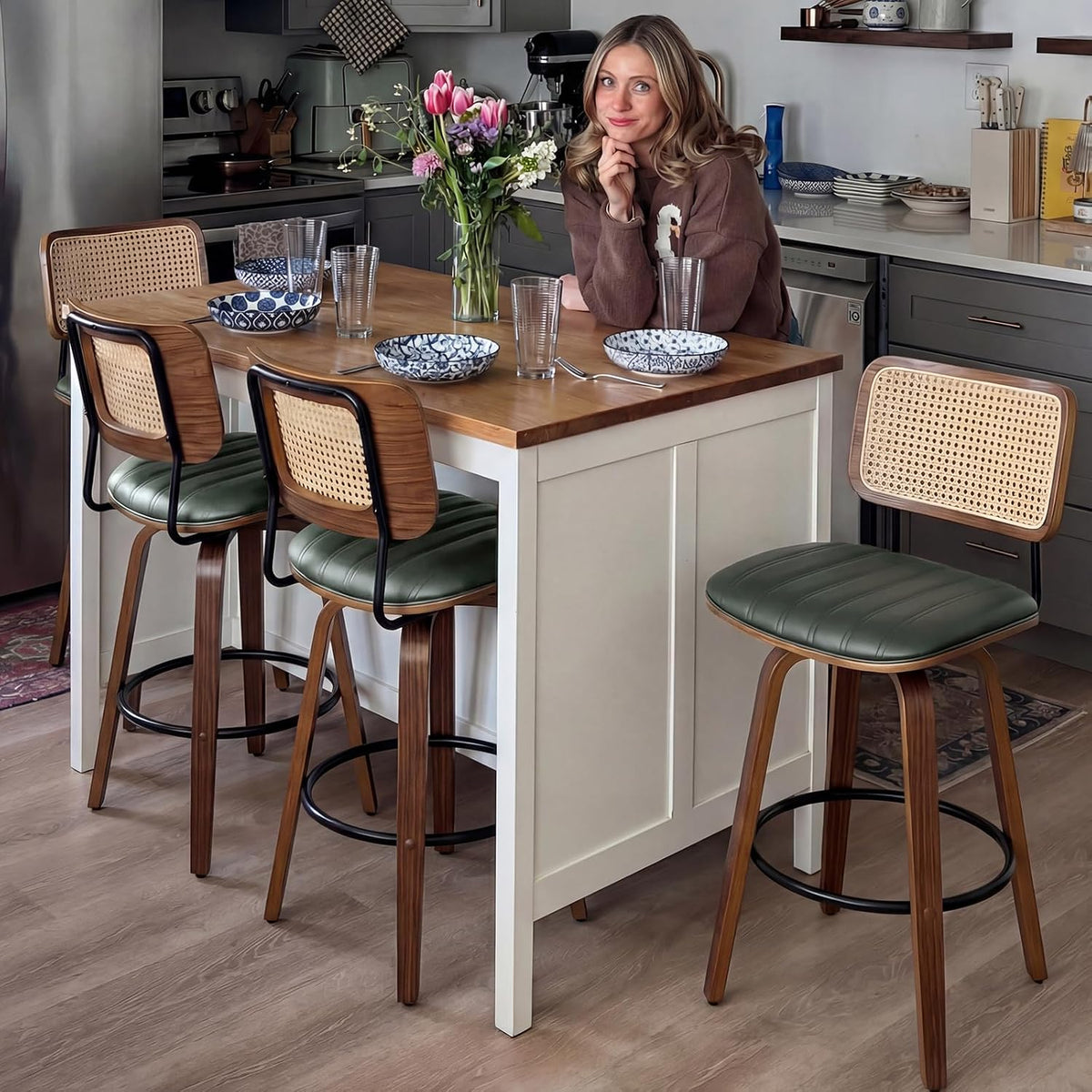 30 inch Kitchen Bar Stools, Mid Century Modern Rattan Swivel Bar Stools
