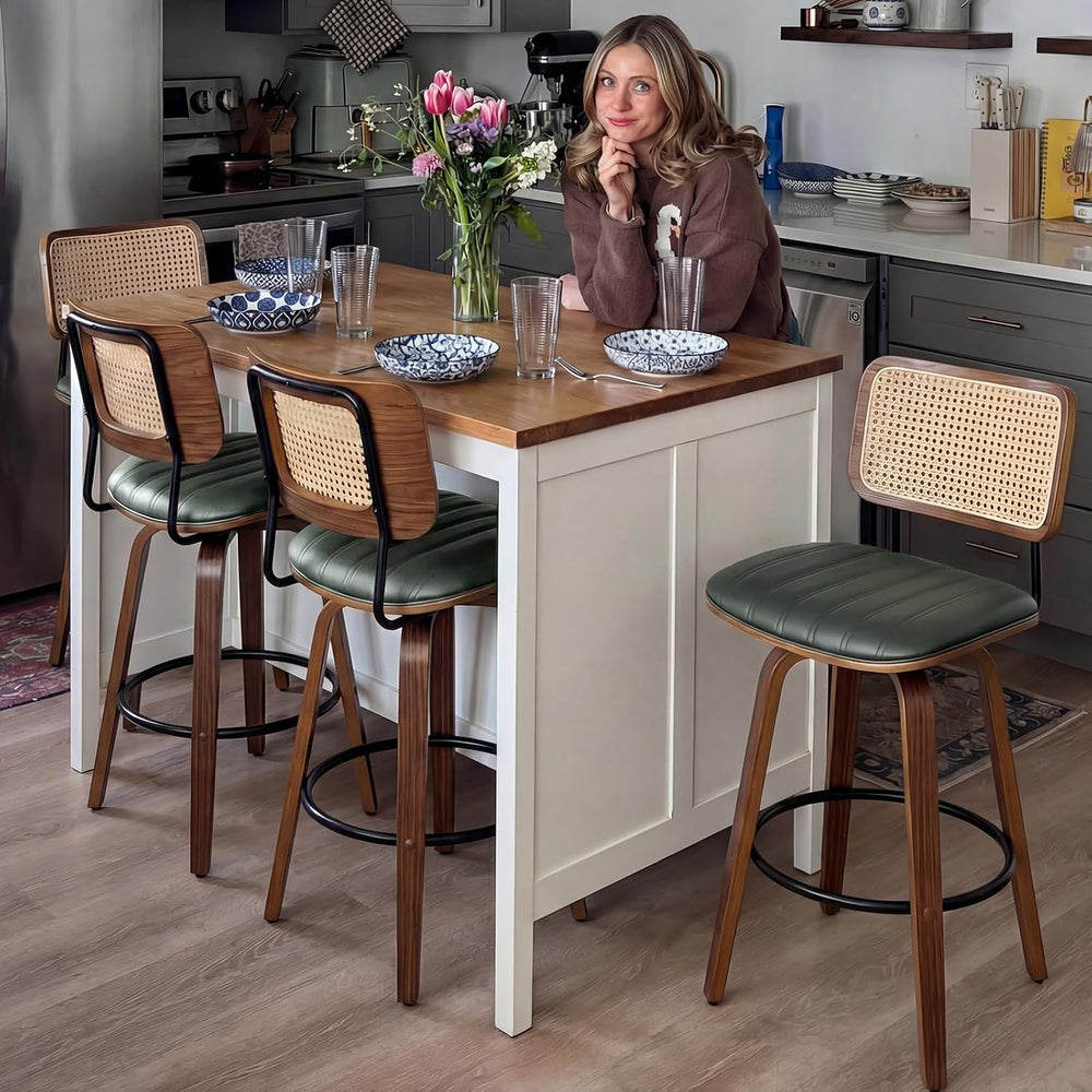 Rattan Swivel Bar Stools, Mid Century Modern Bar Stools with Curved Back