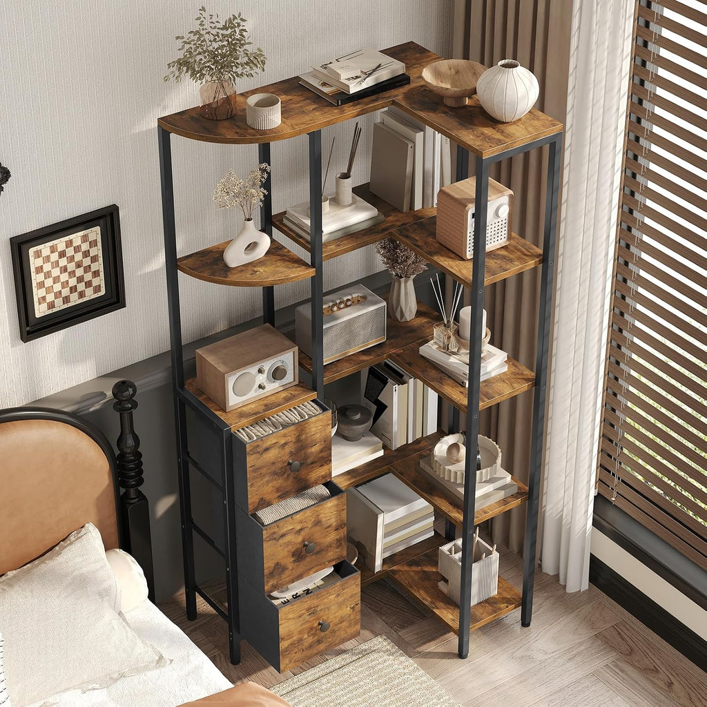 YATINEY Corner Bookshelf, 5-Tier L-Shaped Bookcase with 3 Fabric Drawers, Storage Display Shelf, Freestanding Tall Open Shelf, for Living Room, Bedroom, Home Office, Rustic Brown SJ12BR