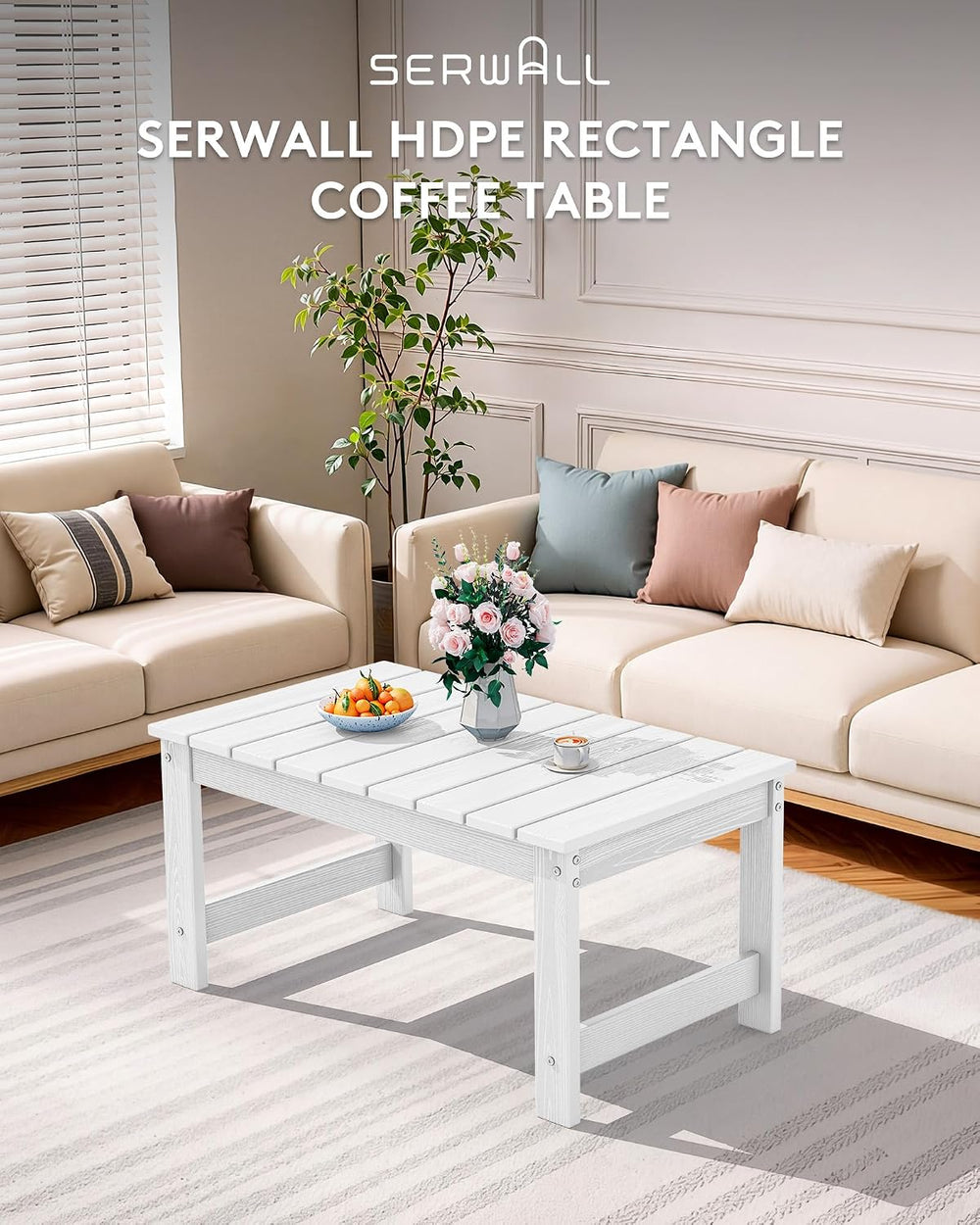 SERWALL HDPE Outdoor Coffee Table with Umbrella Hole, White