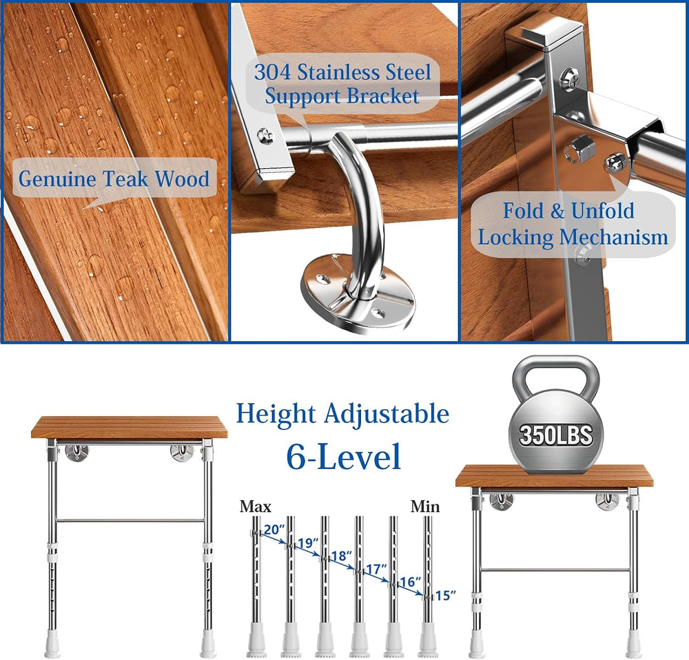 Folding Shower Seat Wall Mounted, Teak Wood