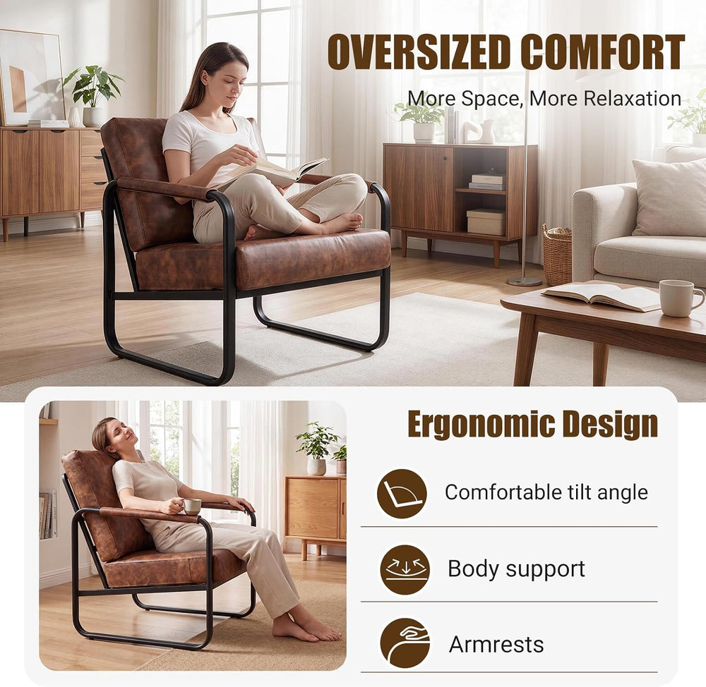 PrimeZone Faux Leather Mid-Century Modern Accent Chair Set of 2, Brown