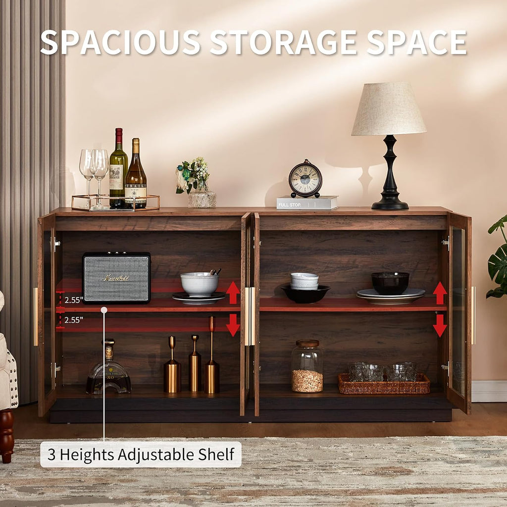 LUXOAK 64" Sideboard Buffet Cabinet with Glass Doors & LED Lights, Brown