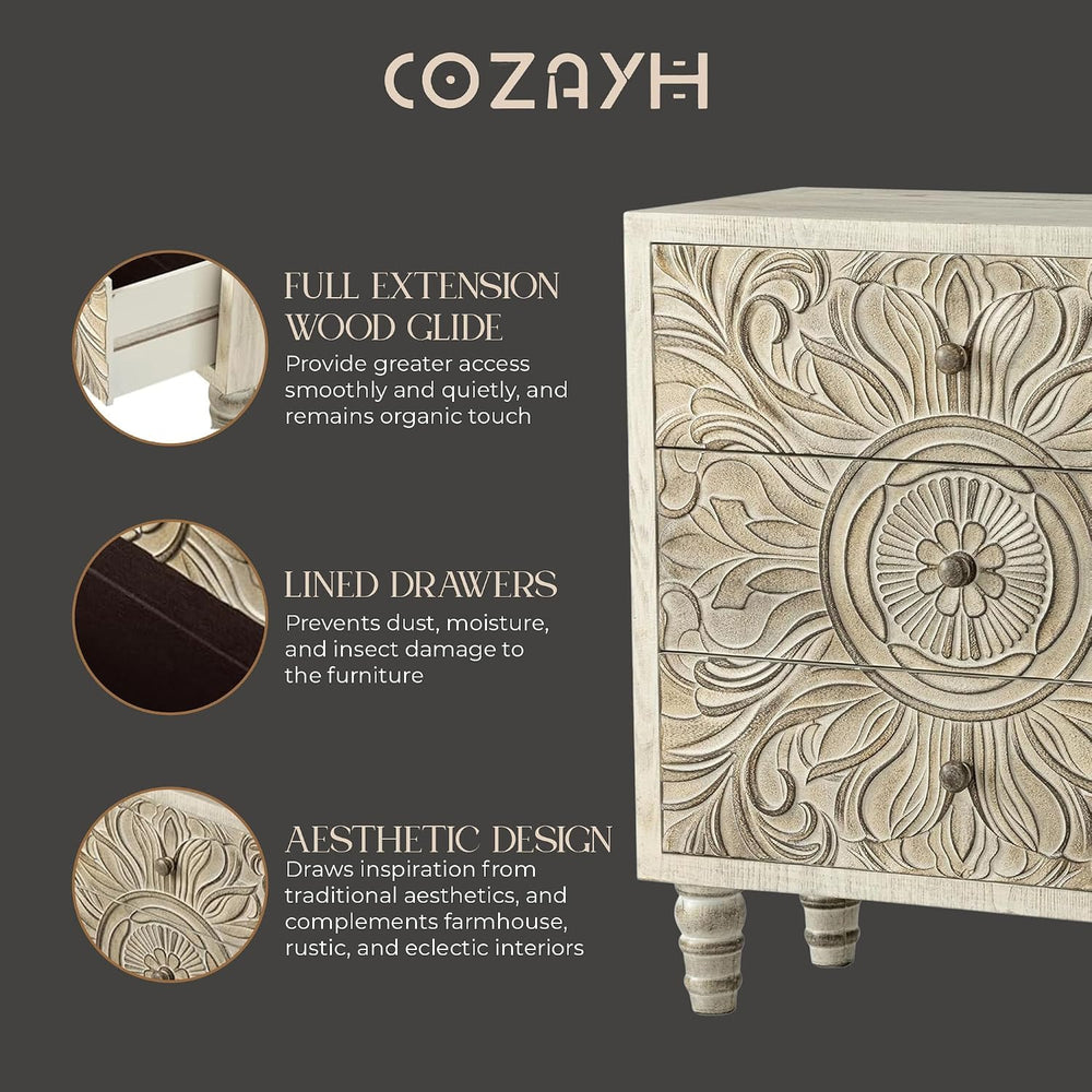 COZAYH 3-Drawer Bedroom Dresser with Carved Floral Front, Distressed Weathere...