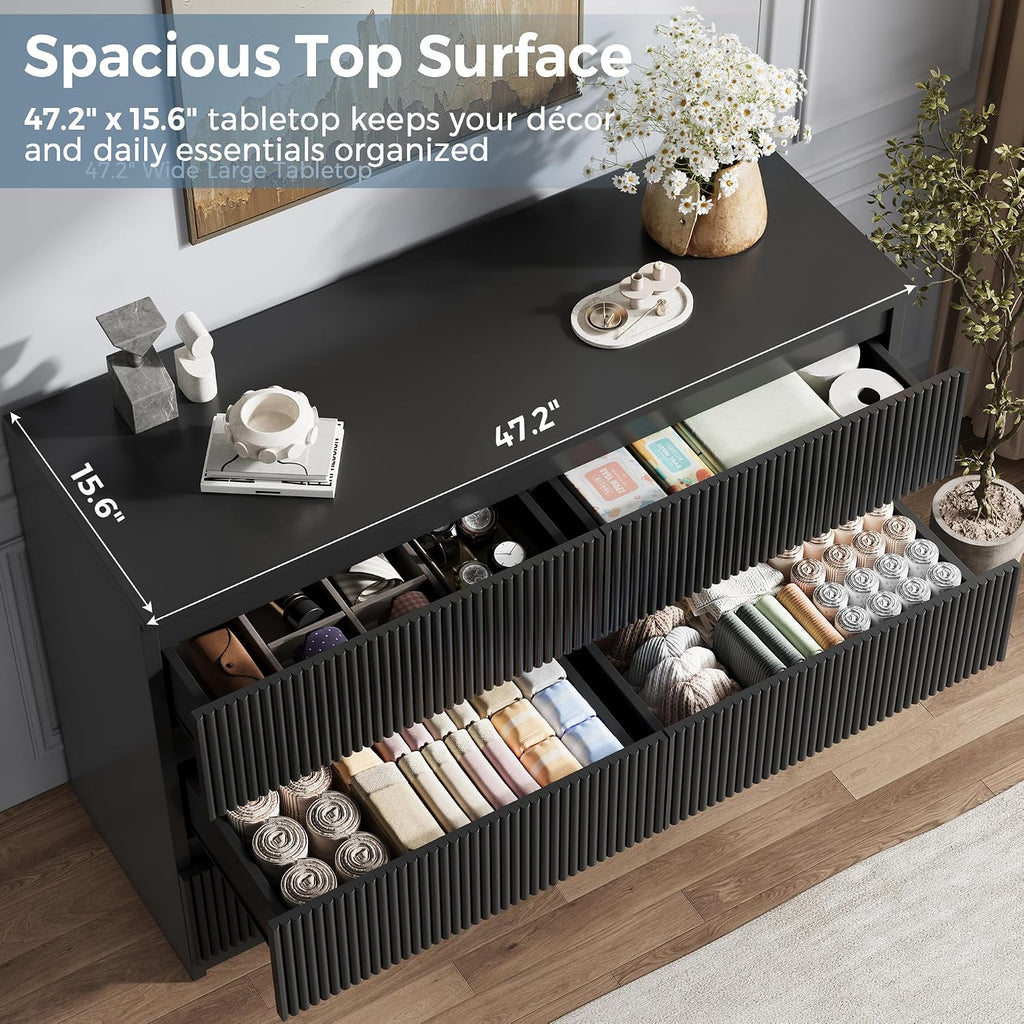 Jocoevol 6 Drawer Fluted Dresser, Modern Chest of Drawers for Bedroom with Hidden Handles, Wood Storage Organizer Cabinet for Living Room & Entryway, Black (15.7" D x 47.3" W x 31.6" H)