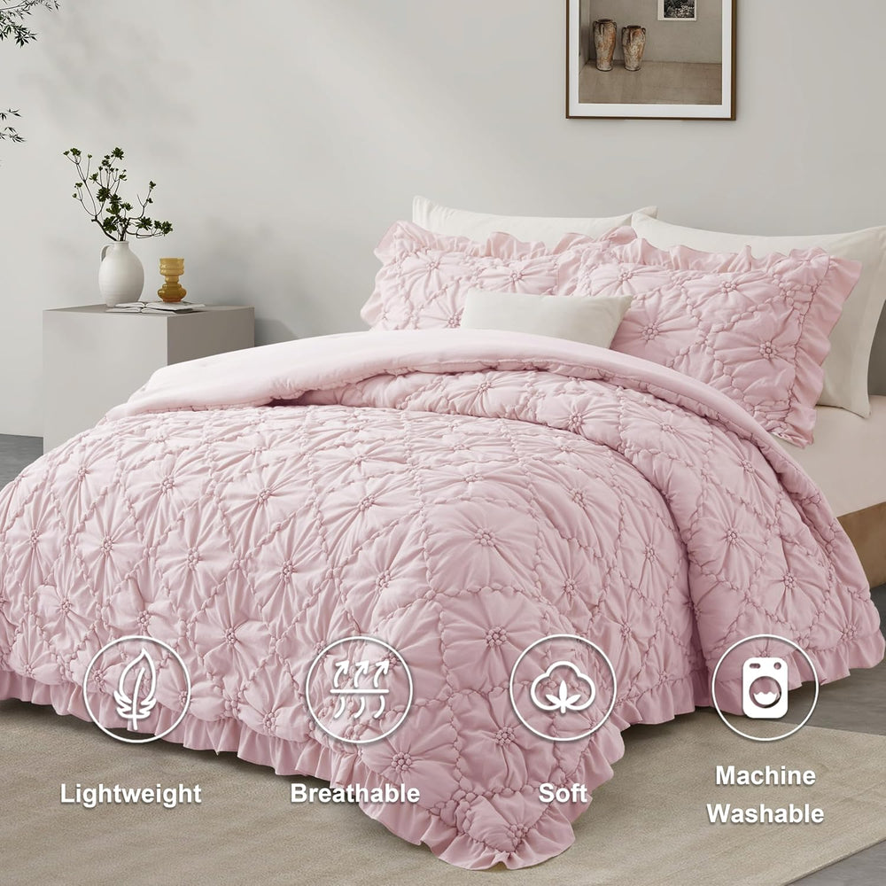 BEDAZZLED King Comforter Set, Pink Pinch Pleat Ruffle, 3 Pieces