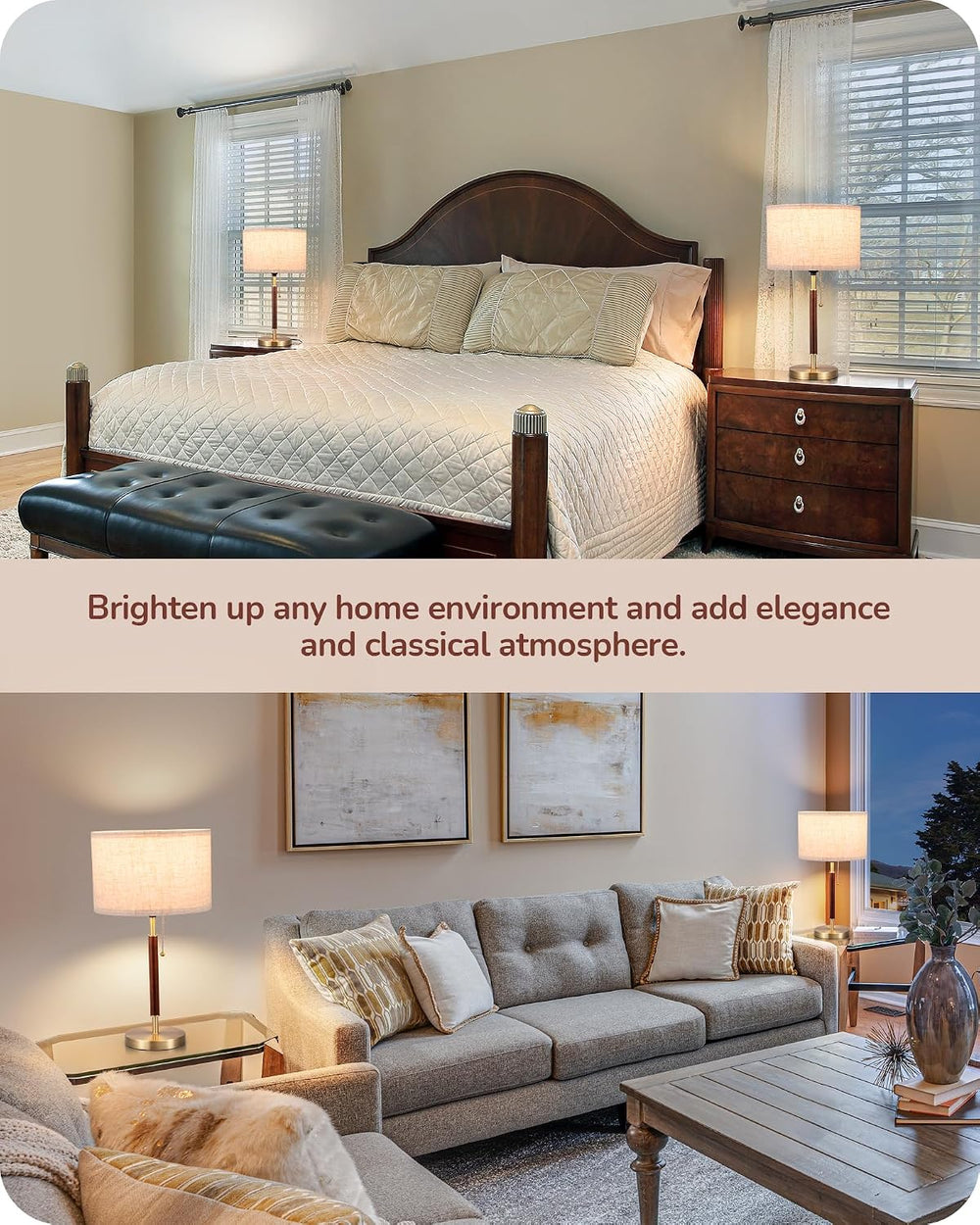 EDISHINE 2Pack Modern Mid Century Table Lamp, Pull Chain Switch, Metal Base