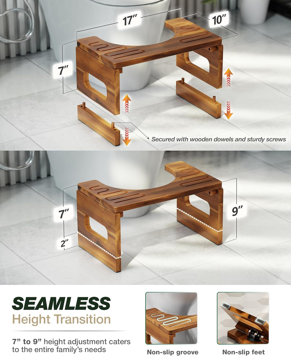 BLUEWEST Foldable Toilet Stool, 7 and 9 Inch Adjustable Height, Acacia Wood